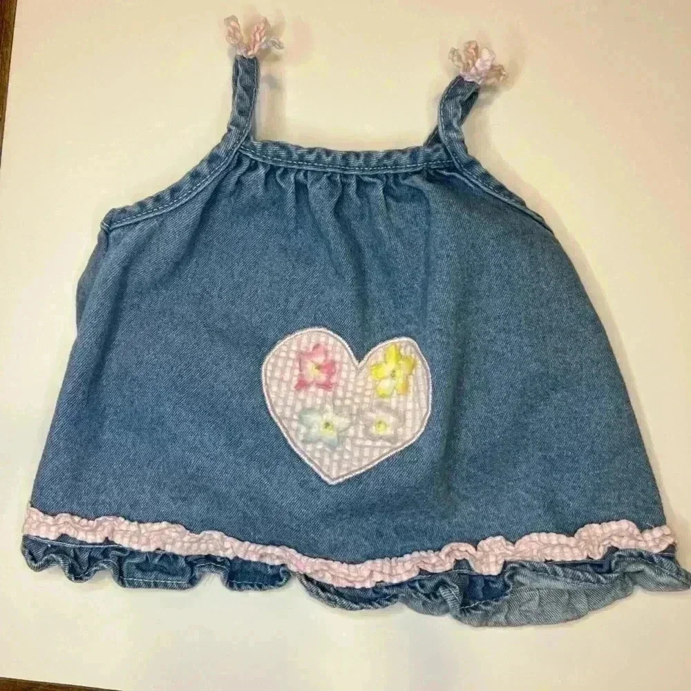 Vintage cradle togs denim  dress 18M gingham heart flower appliqué ruffle girls - Picture 4 of 10